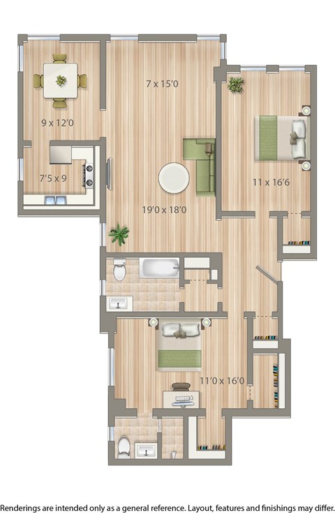 Floor plan for 2 beds, 2 baths, 1115 sqft